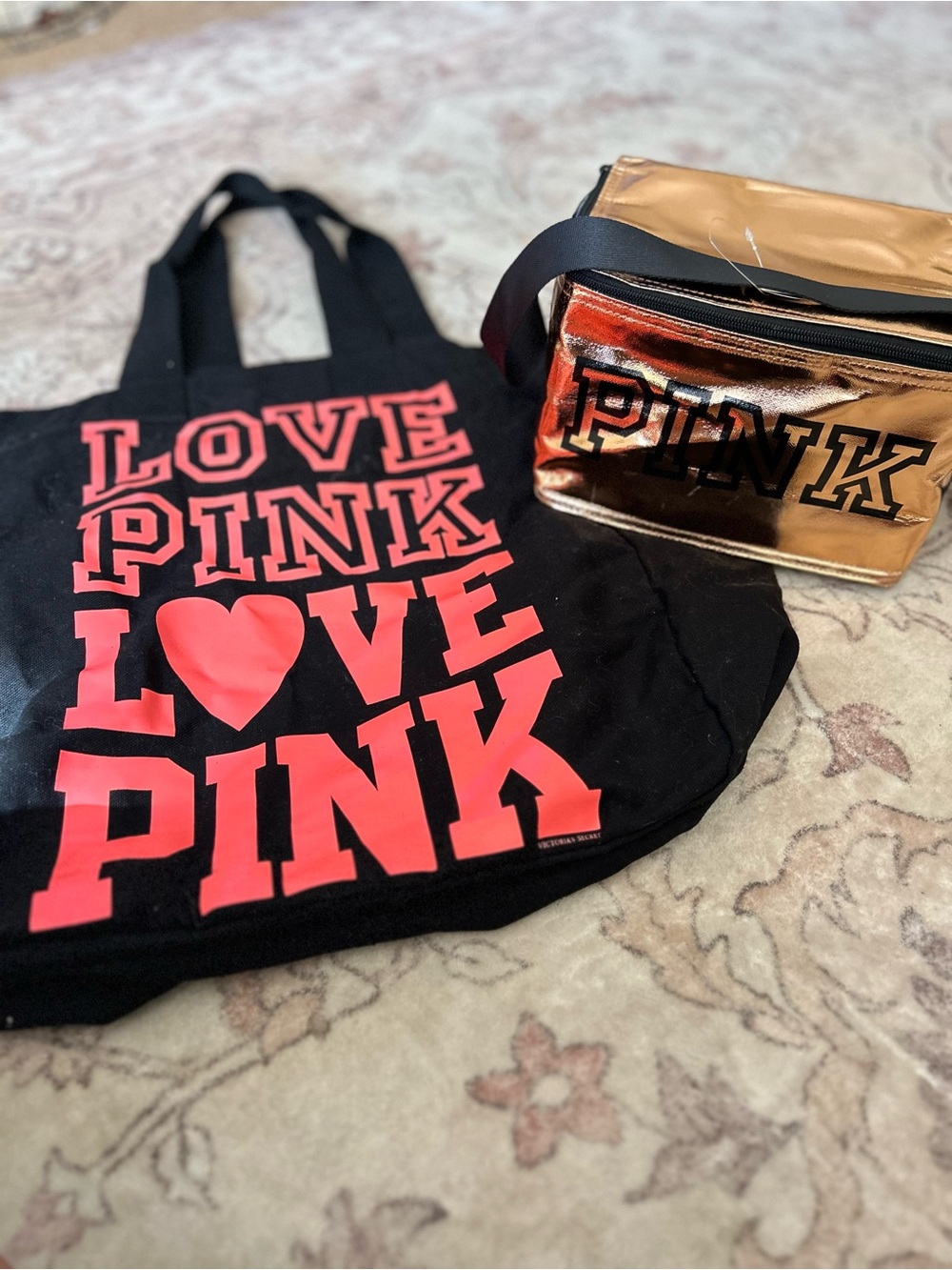 PINK Victoria's Secret Black Tote with Pink Graphic and Metallic Gold Crossbody